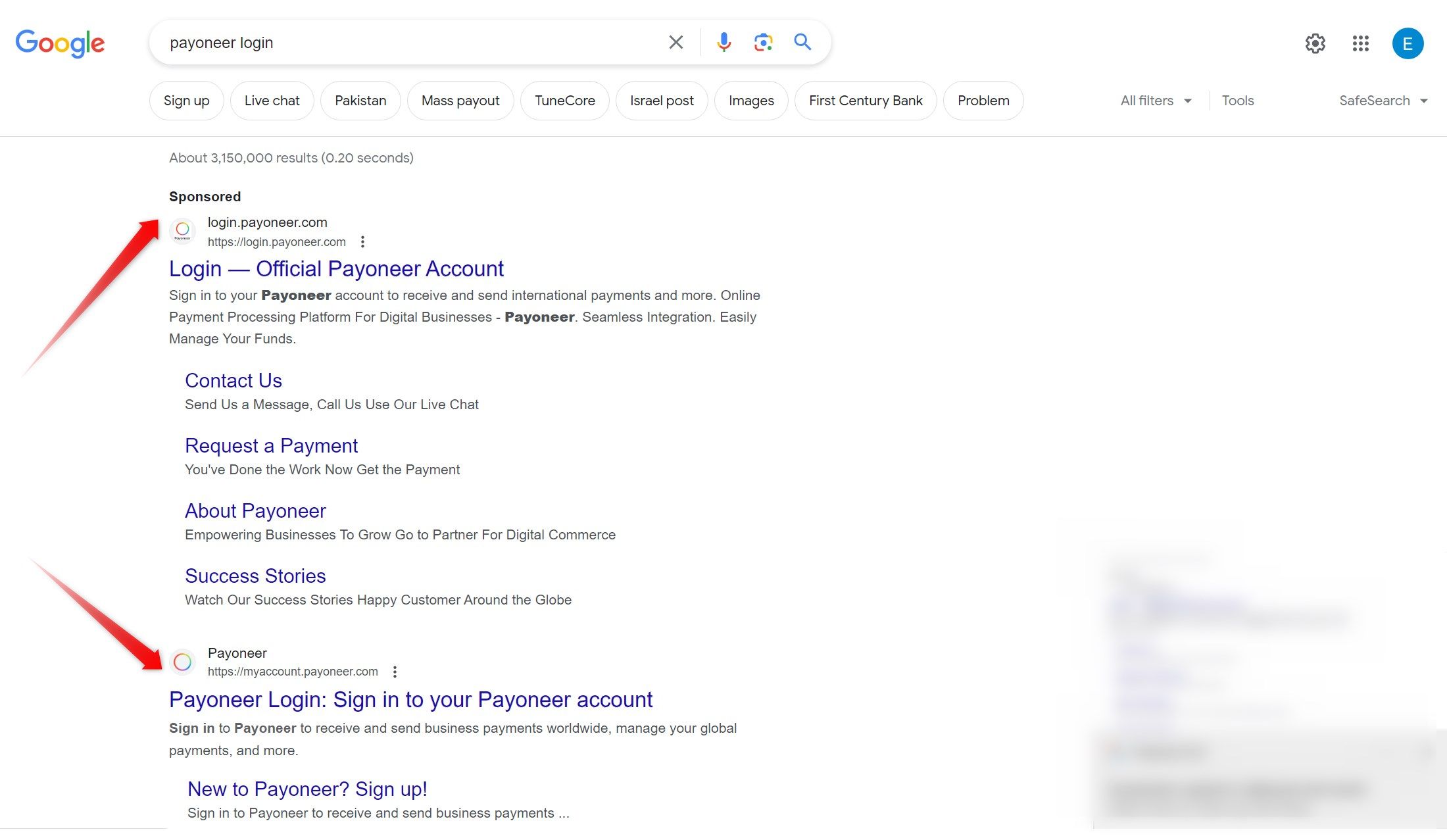 payoneer login page in search ads