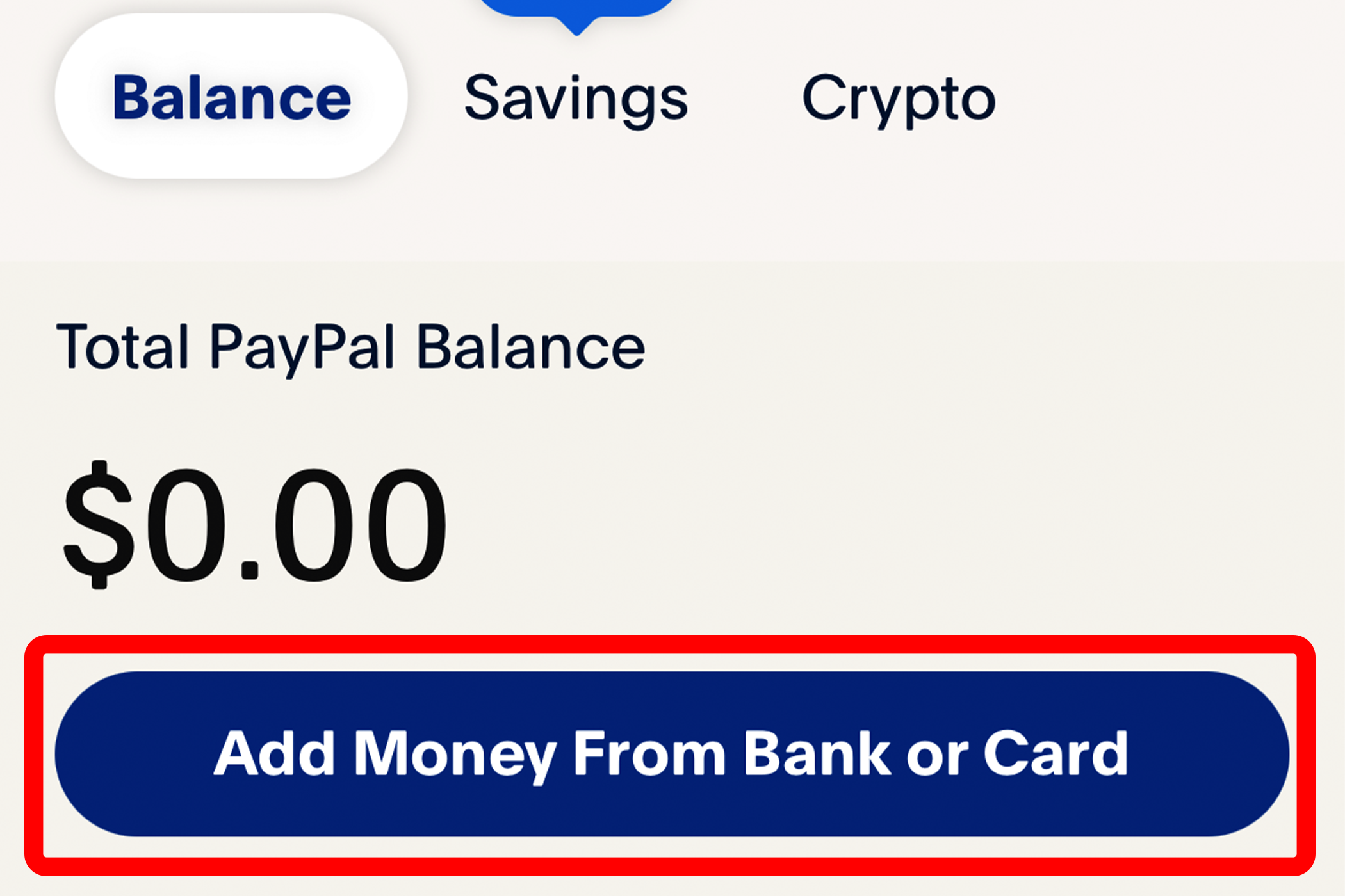 Selecting the 'Add money from bank or card' button in the PayPal app.