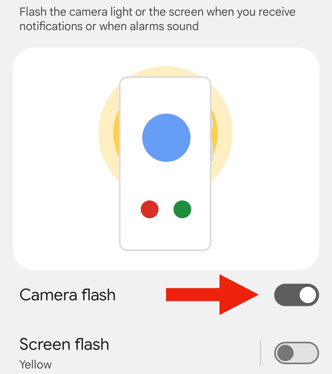 Pixel 8 camera flash notification setting. 