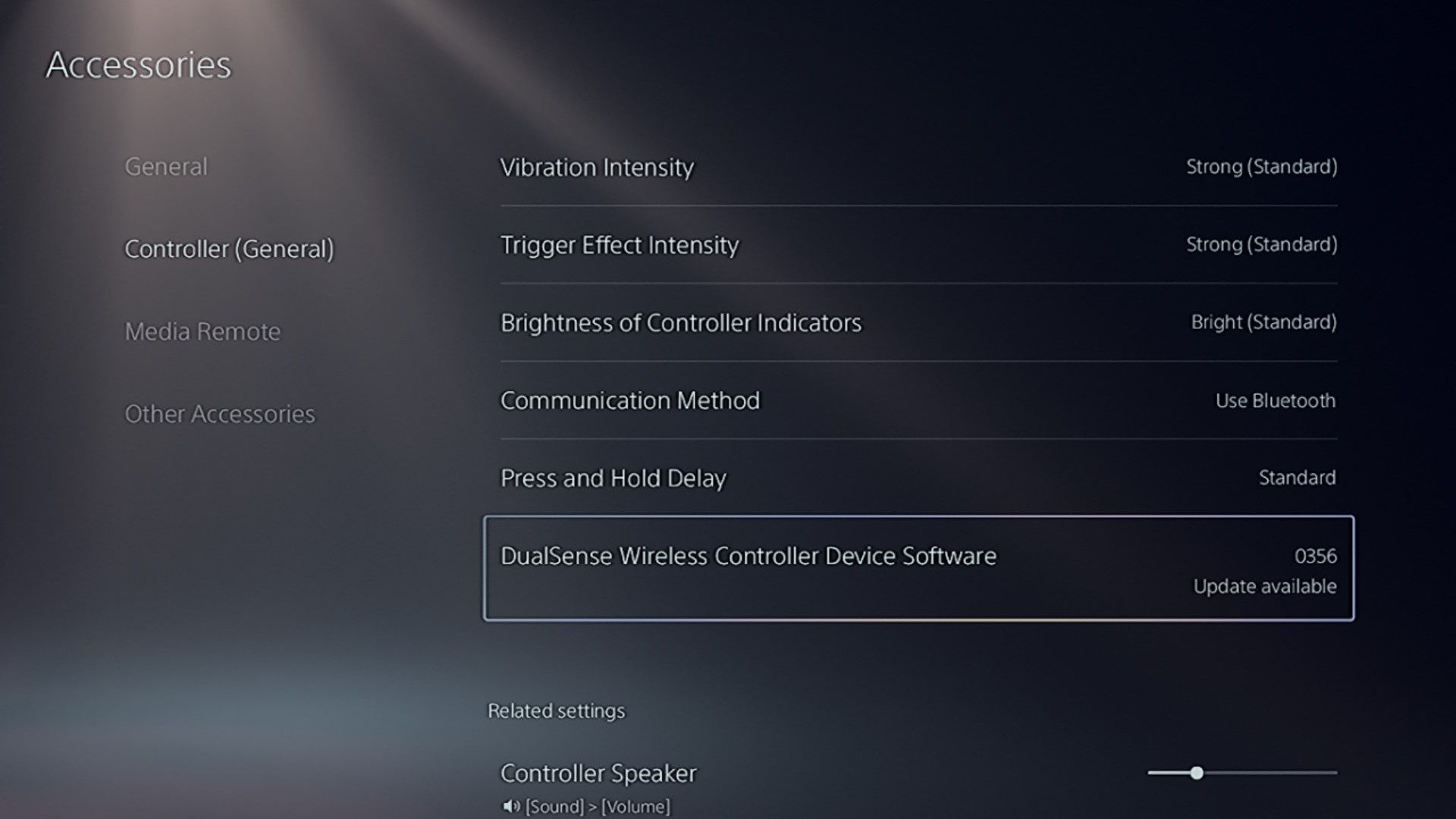 The Accessories screen in the PS5 settings menu.
