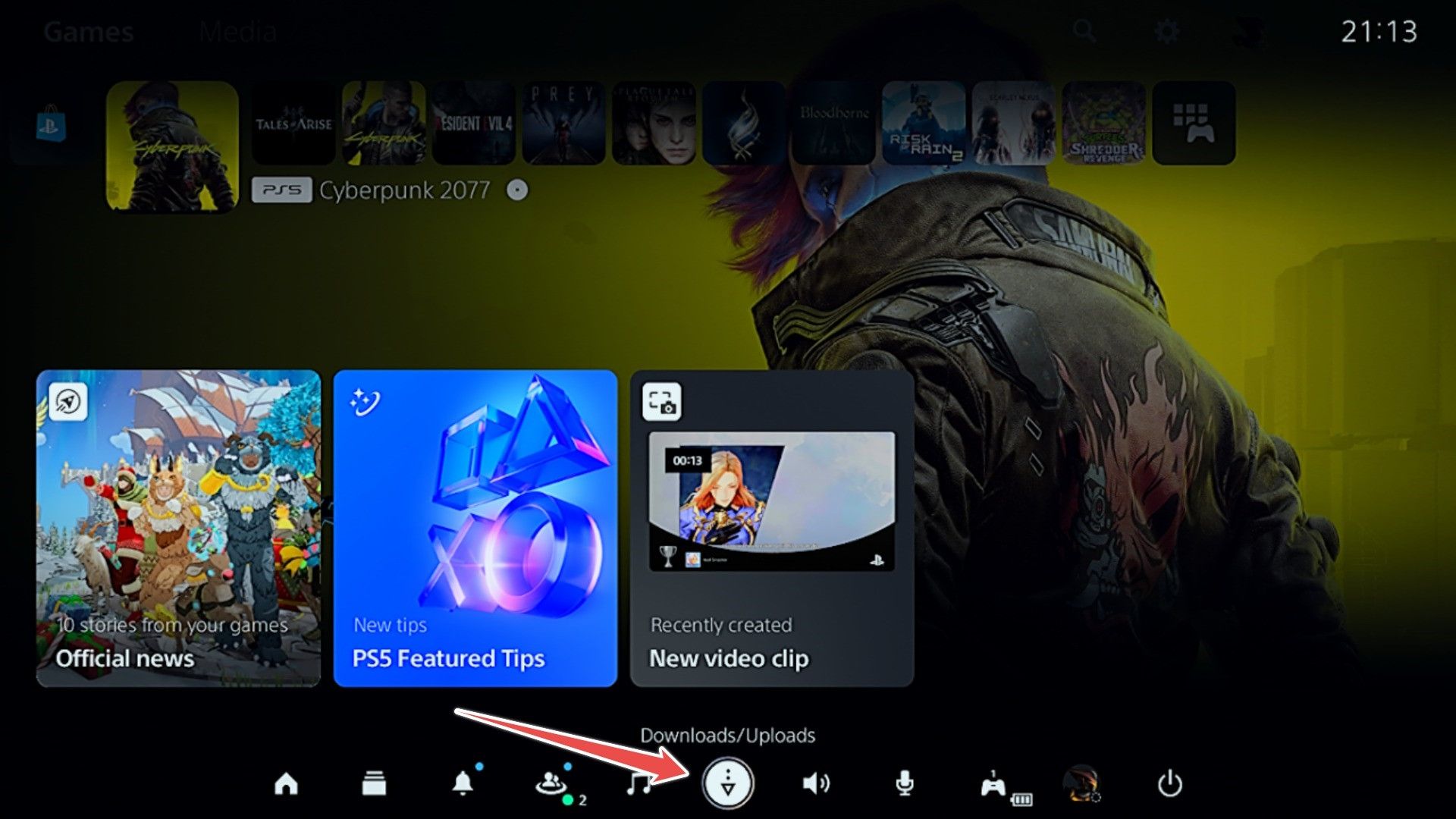 The 'Downloads/Uploads' icon in the PS5 control center.