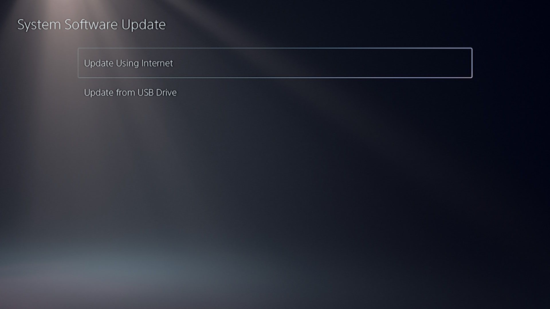 The System Software Update screen on PS5 with options to update either using internet or USB drive.