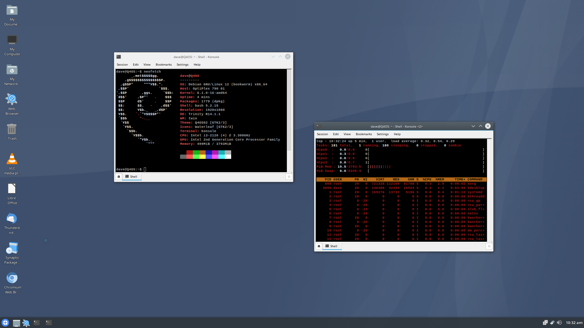 The Q4OS desktop with two terminals windows. One shows the output from Neofetch and the other is running top.