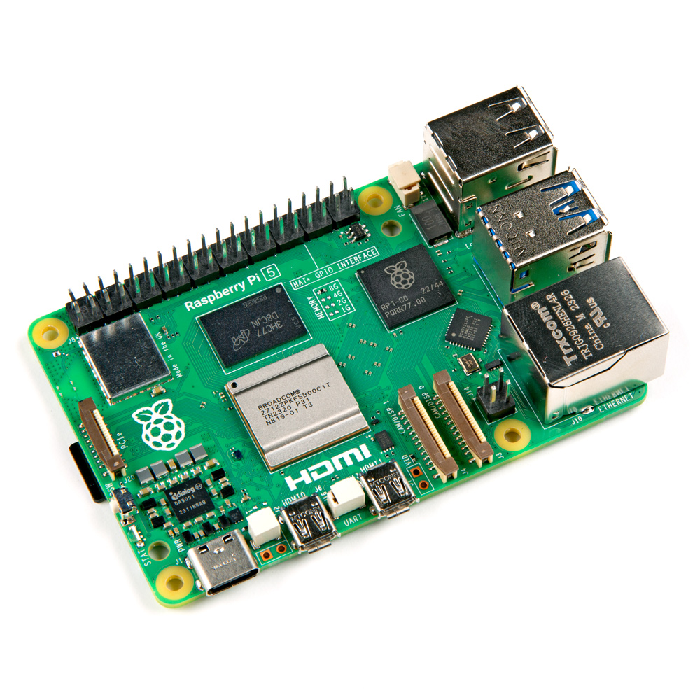 The Raspberry Pi 5 on a white background.