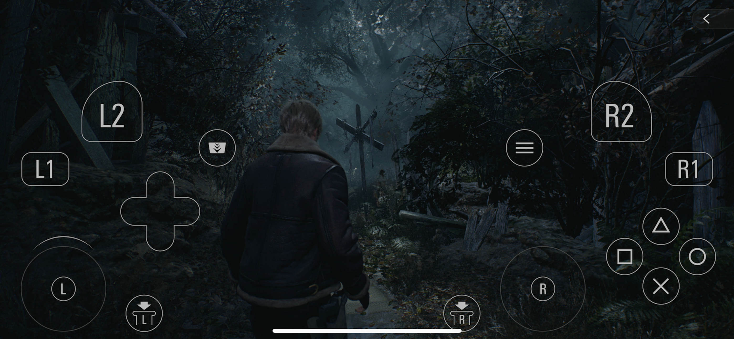 Leon walks through a devastated village in Resident Evil 4 on the iPhone 15 Pro with touch-screen control overlays appearing on-screen.