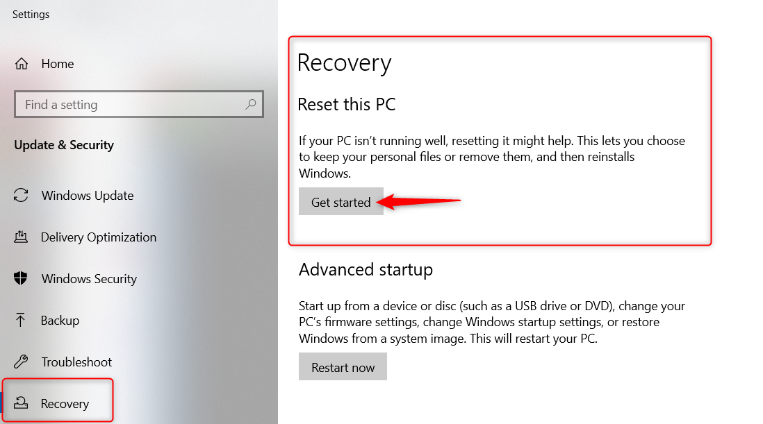 'Get started' highlighted in Windows recovery settings