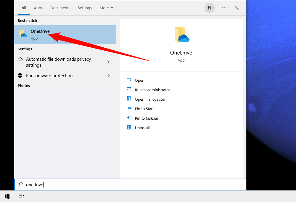 Search for "onedrive" in the Start Menu search bar to relaunch the application. 