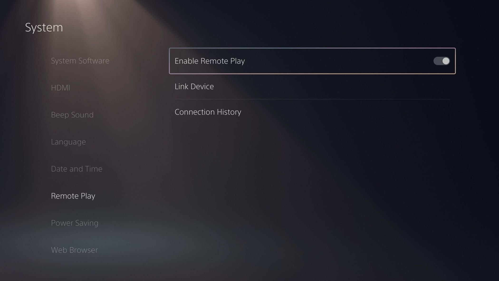 Enable Remote Play in PlayStation 5 console settings menu.