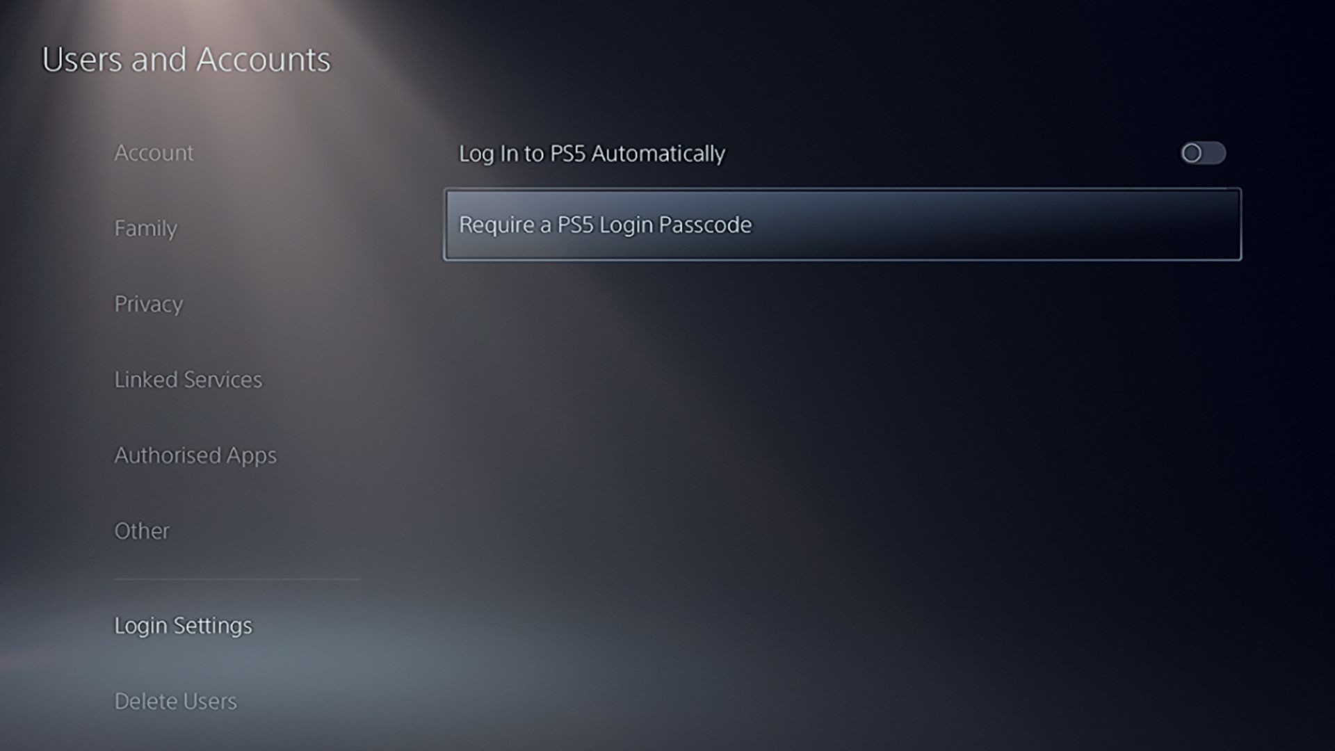 The Login Settings screen of the Users and Accounts screen on a PS5, with the 'Require a PS5 Login Passcode' option selected.