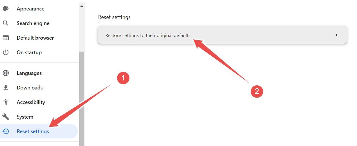 Options to resetting Google Chrome.