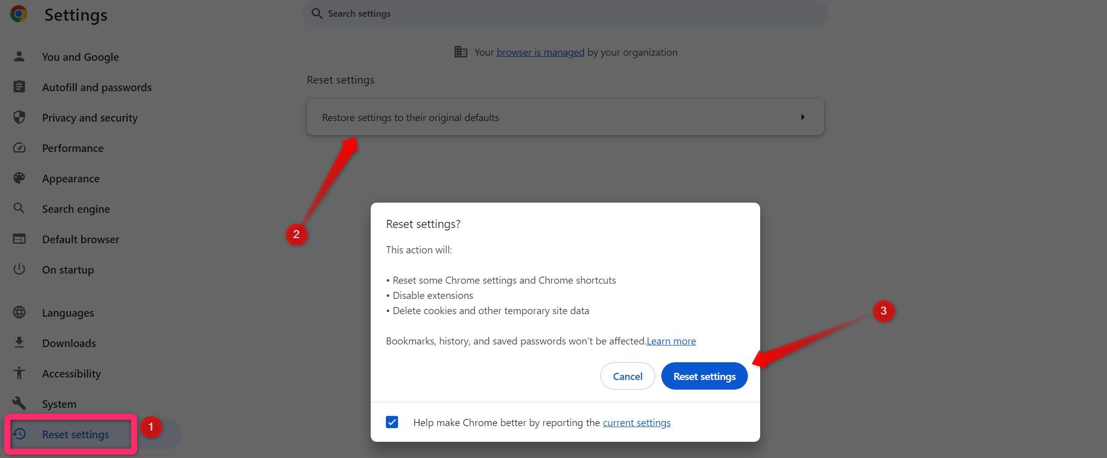 Resetting Chrome settings