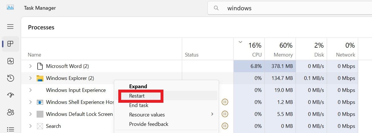 restarting windows explorer process in task manager