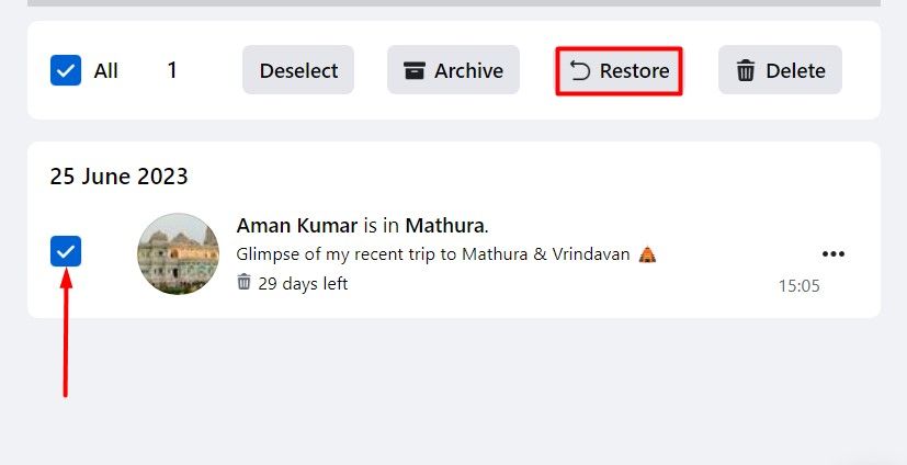 Restore button on Facebook.
