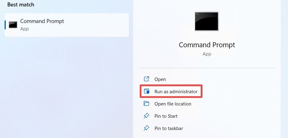 The 'Run as Aministrator' option for Command Prompt in Windows.