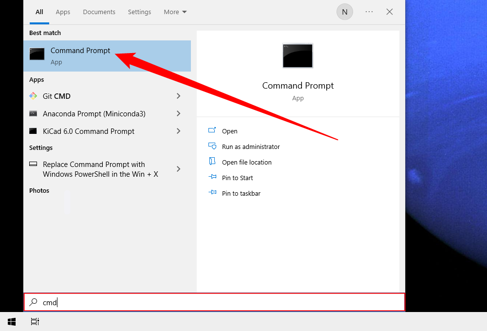 Search for 'command prompt' or 'cmd' in the search bar or the Start menu search, then click 'Command Prompt.'