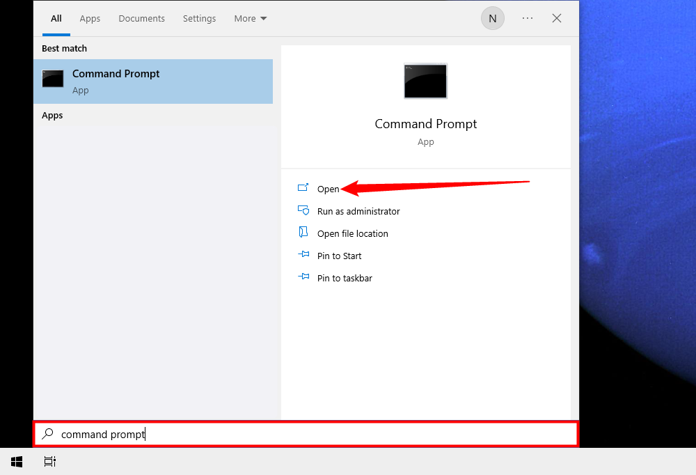 Search 'command prompt' in the Start menu search, then open the result. 