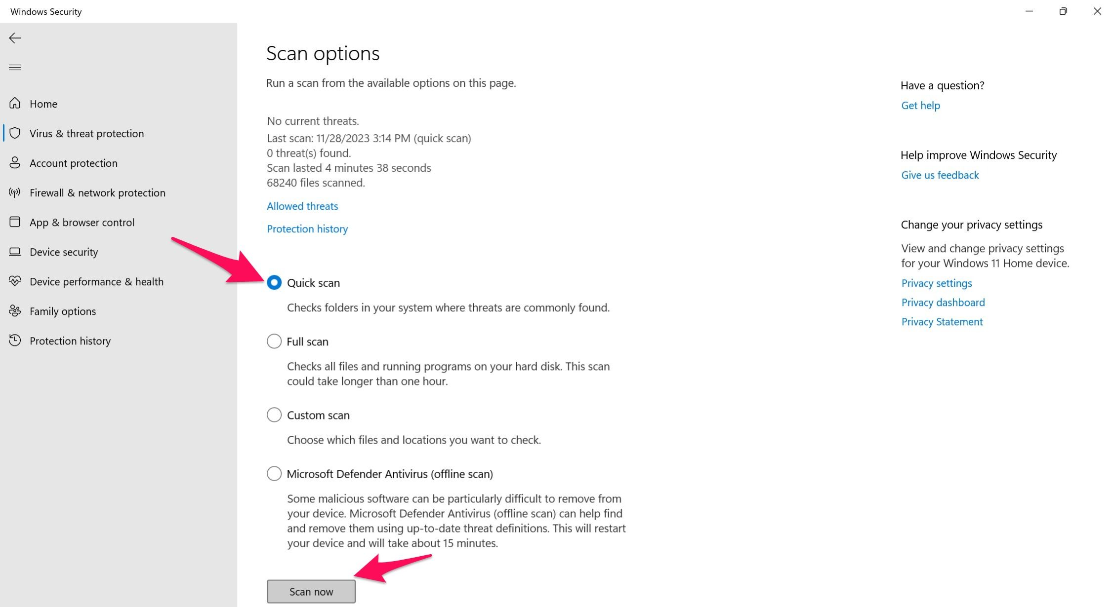 Running a quick scan in the windows security app