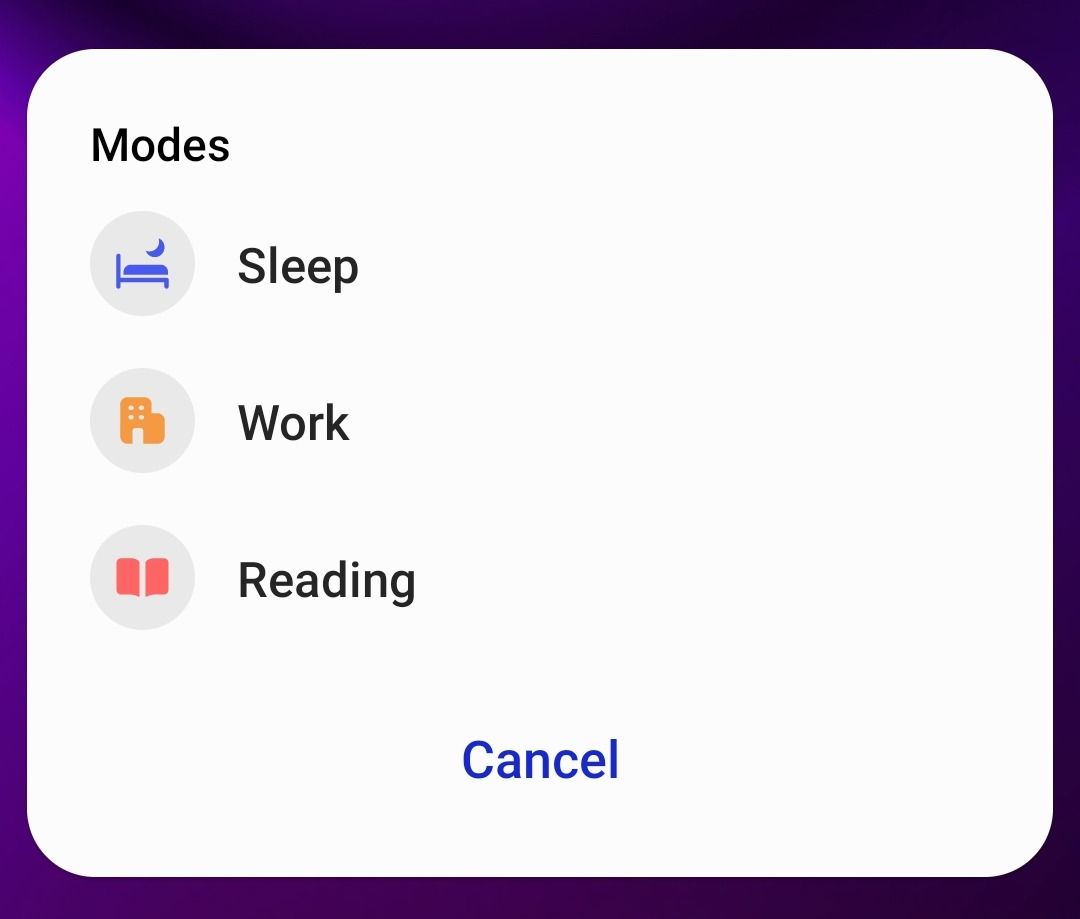 Saved Modes being shown in a pop-up on Samsung home screen.