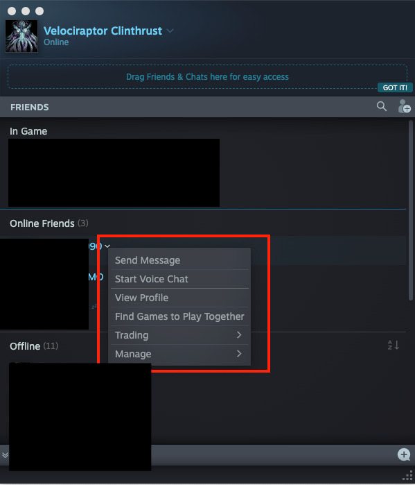 The dropdown menu for an individual on the Steam friends list showing options related to that user.