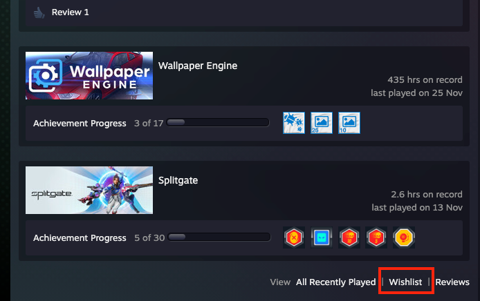 The wishlist button is highlighted on a Steam User's Profile page.