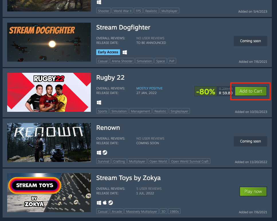 A Steam user's wishlist with several games such as Stream Dogfighter, Rugby 22, Renown, and Stream Toys listed.