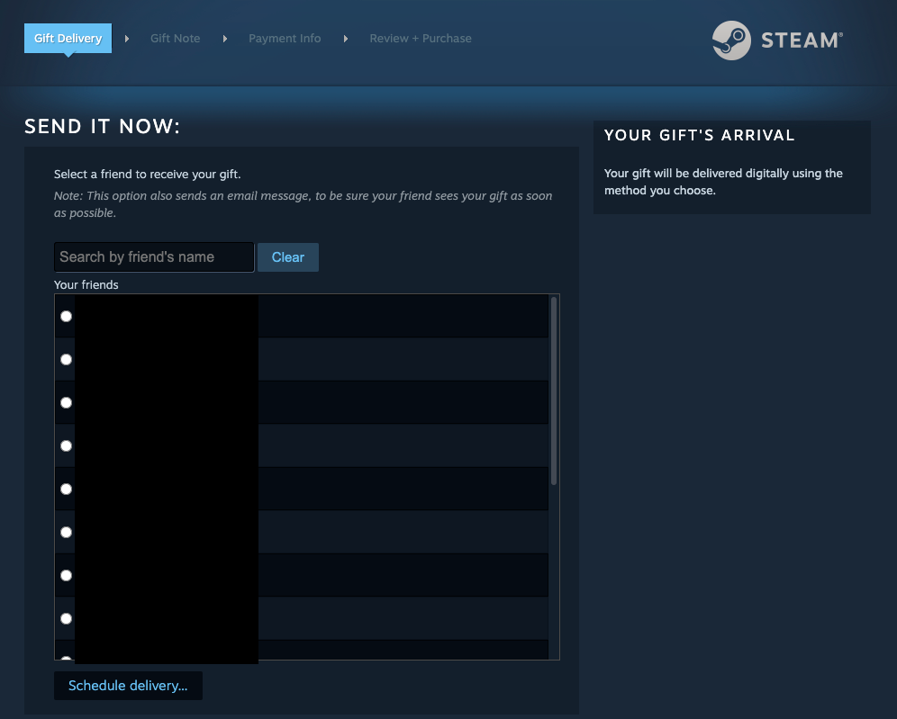 The Steam gift page showing a list of Steam friends to choose from as a gift recipient.