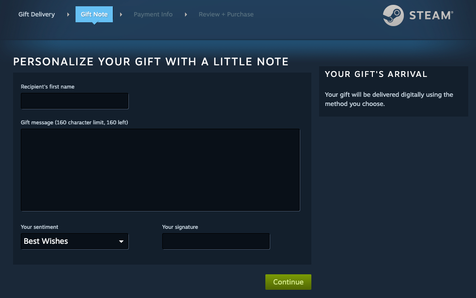 The Steam Gift Note page where you can enter the recipient's name and a note.