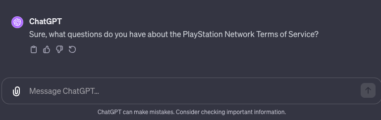 A response from ChatGPT indicating that it's ready to answer questions about the PSN Terms of Service