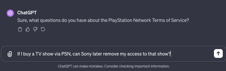 The chatGPT text box with a question from the user asking if the PSN Terms of Service allow Sony to remove purchased content