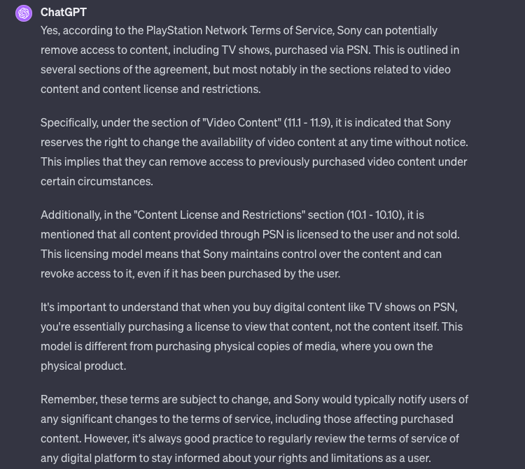 An explanation by ChatGPT of why the PSN terms of service allow Sony to remove TV shows after you've purchased them.