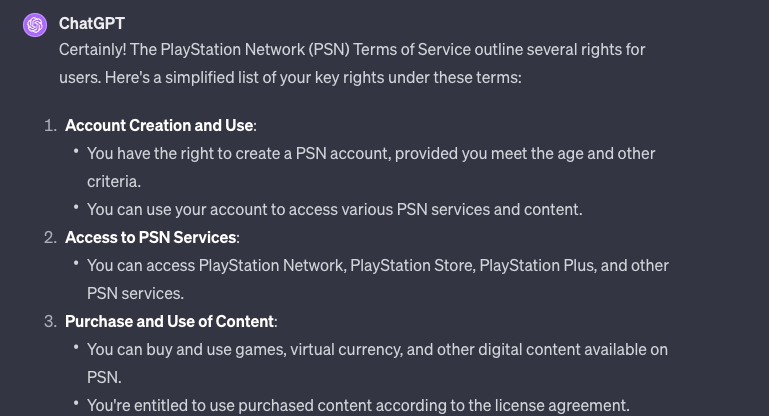 A response from ChatGPT showing a simple English explanation of the user's rights as per the PSN terms of service.
