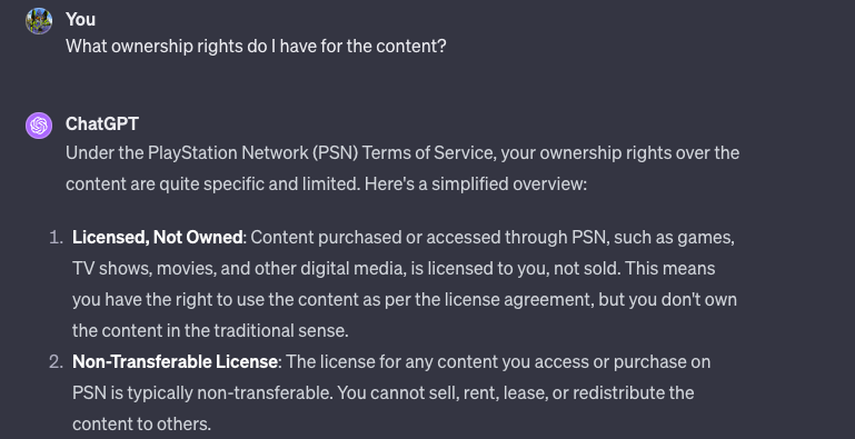 An explanation by ChatGPT of PSN user's ownership rights.