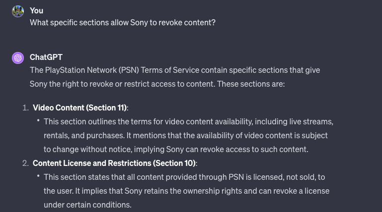 A list of sections in the PSN terms of service generated by ChatGPT to demonstrate which clauses allow for content revocation.