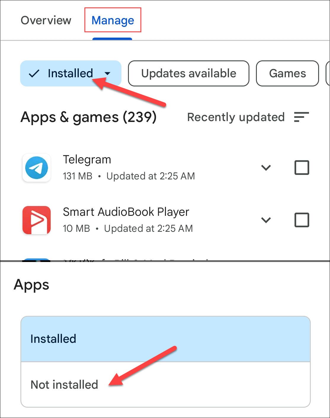 Apps not installed on device in the Google Play Store.