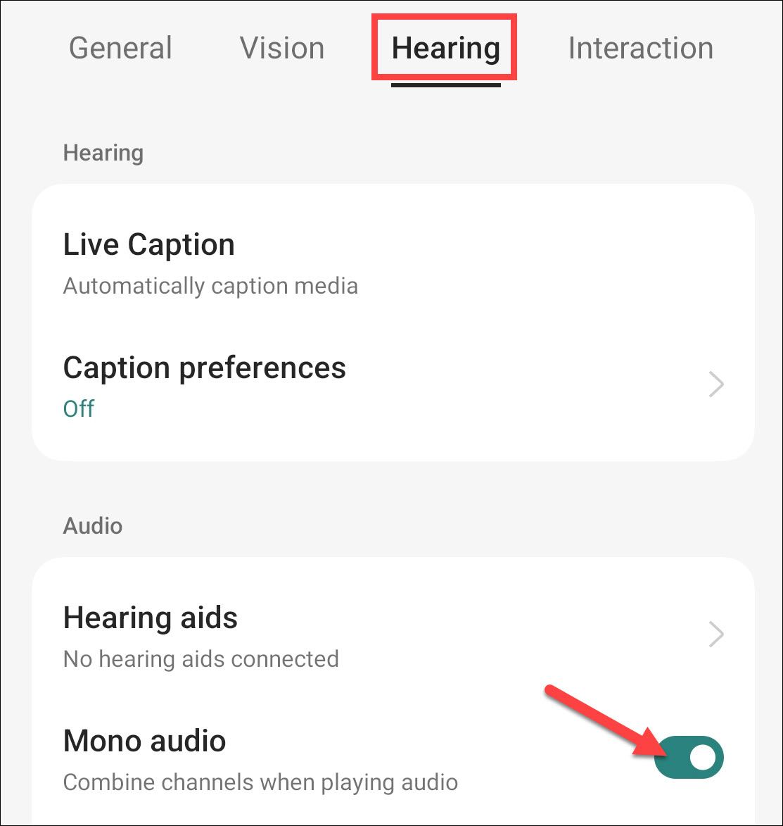 Turning on Mono Audio in the Android Settings menu.