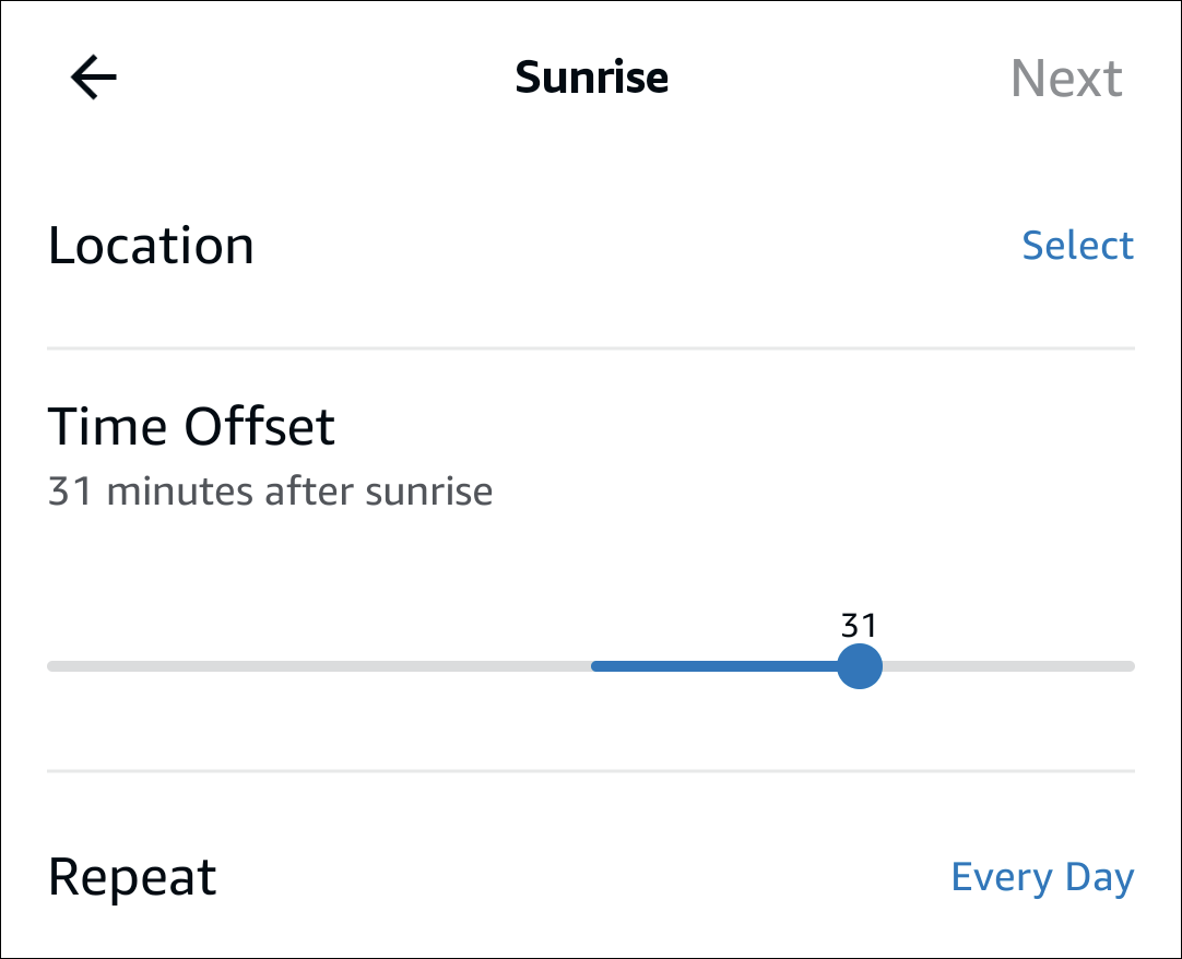 Sunrise controls for Alexa routine.