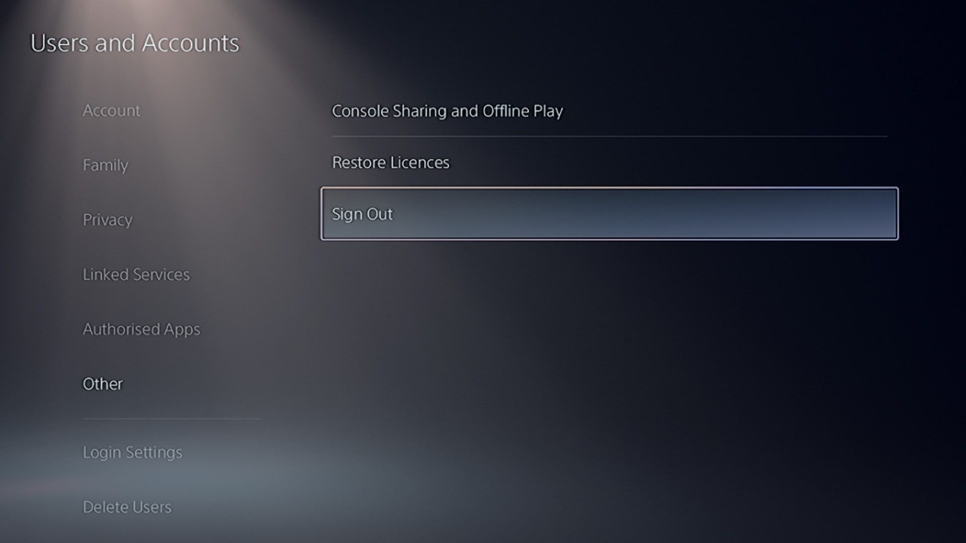 Signing out of a PSN account on a PS5.