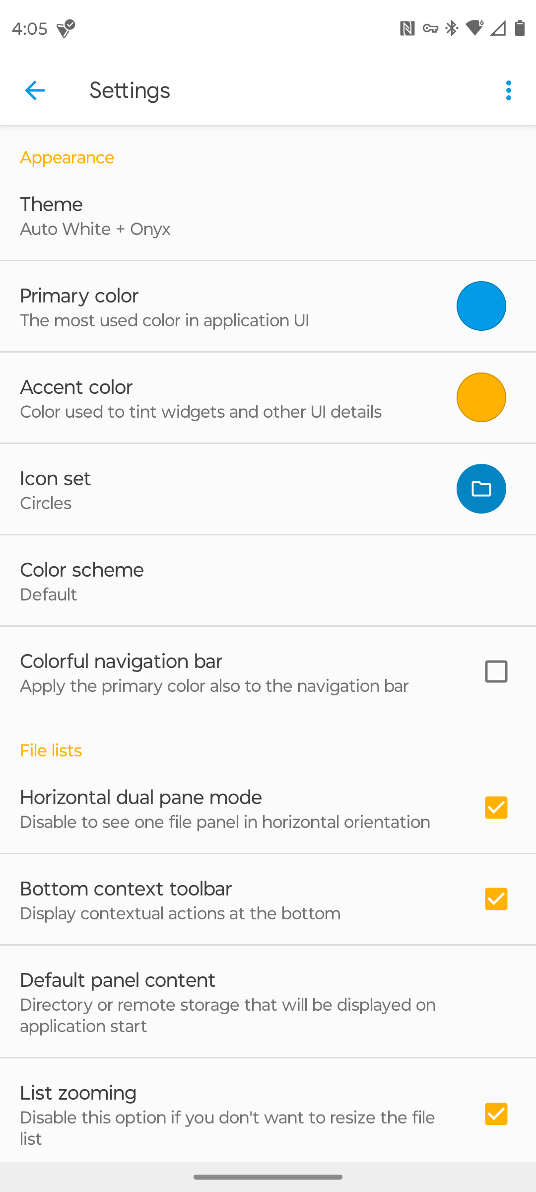 Various settings within Solid Explorer.
