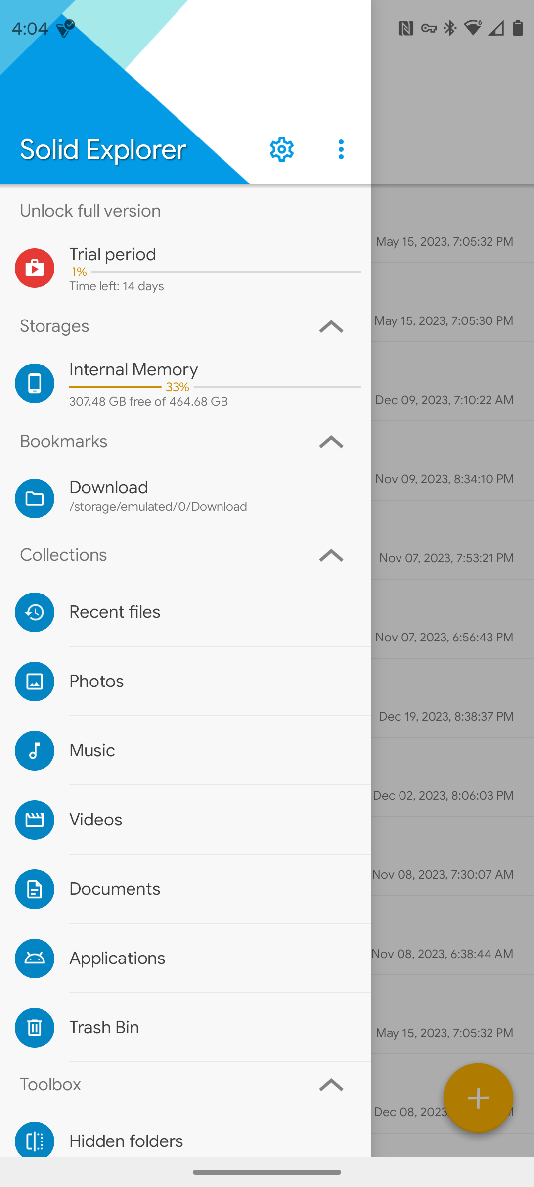The sidebar within the Solid Explorer Android app.