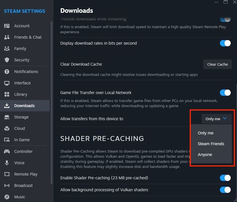 Steam local transfer settings prefernce menu showing options for tranfers only to the user, Steam friends, or anyone.