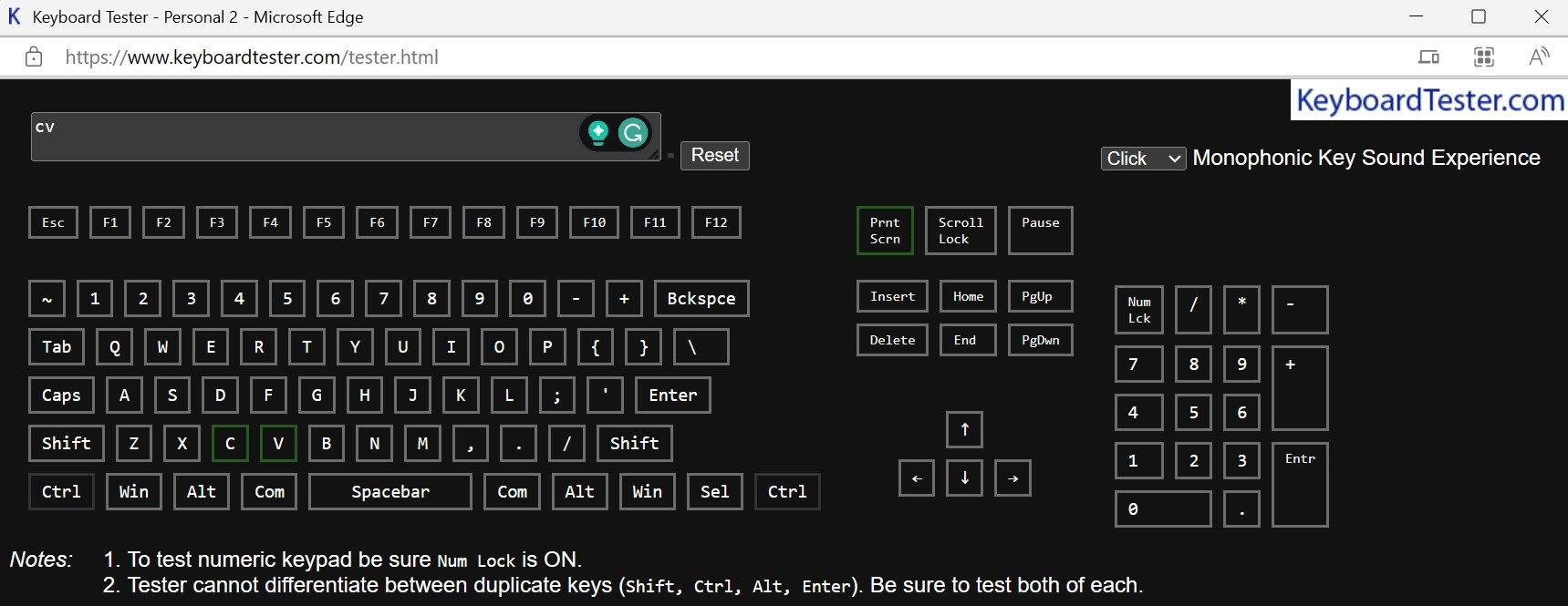 Testing keyboard keys on a keyboard tester website