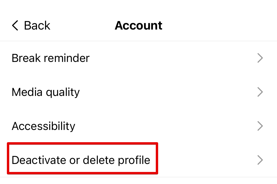 Threads Account settings page with the option 'Deactivate or delete profile' highlighted