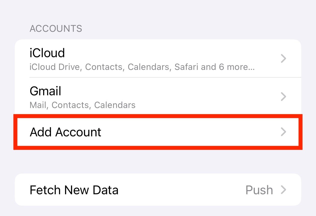 Add Account option in Mail settings on iPhone.