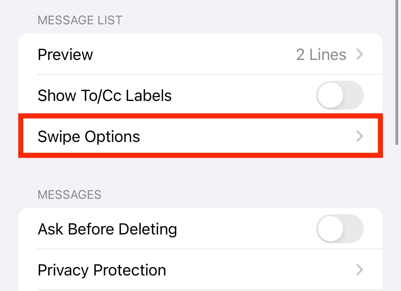 customizing Apple Mail Swipe Options.
