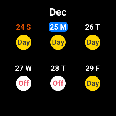 The Today's Shift smartwatch app displaying a schedule for the upcoming week.