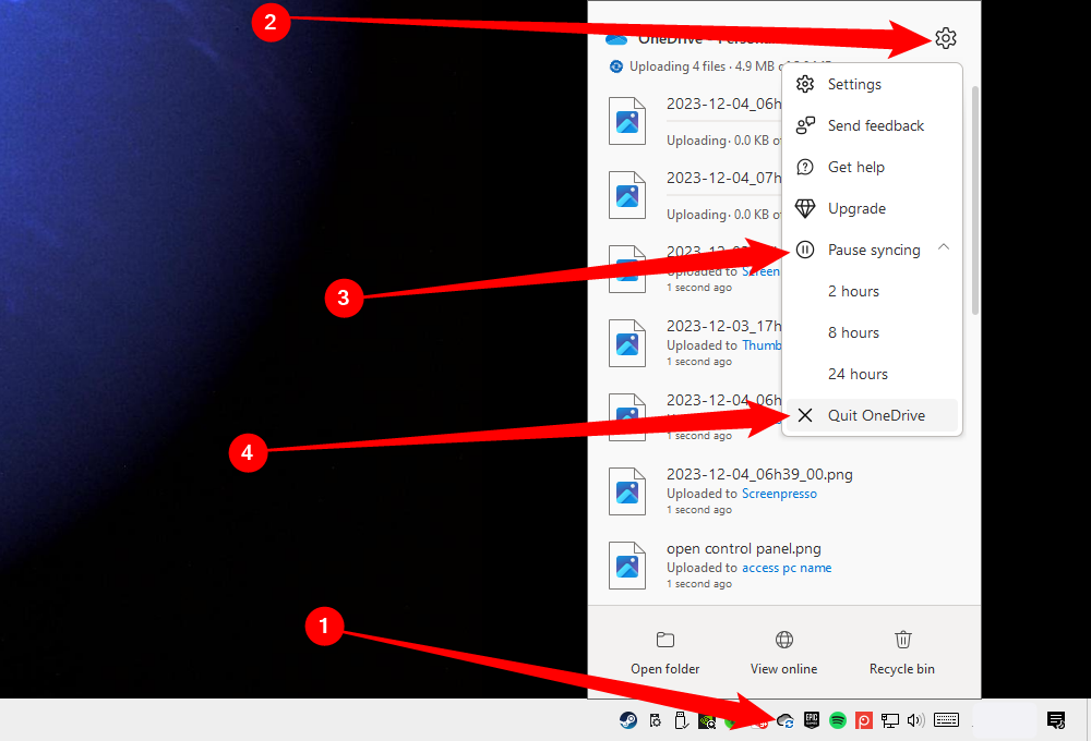 Right-click the OneDrive icon, then go to Gear > Pause Syncing > Quit OneDrive