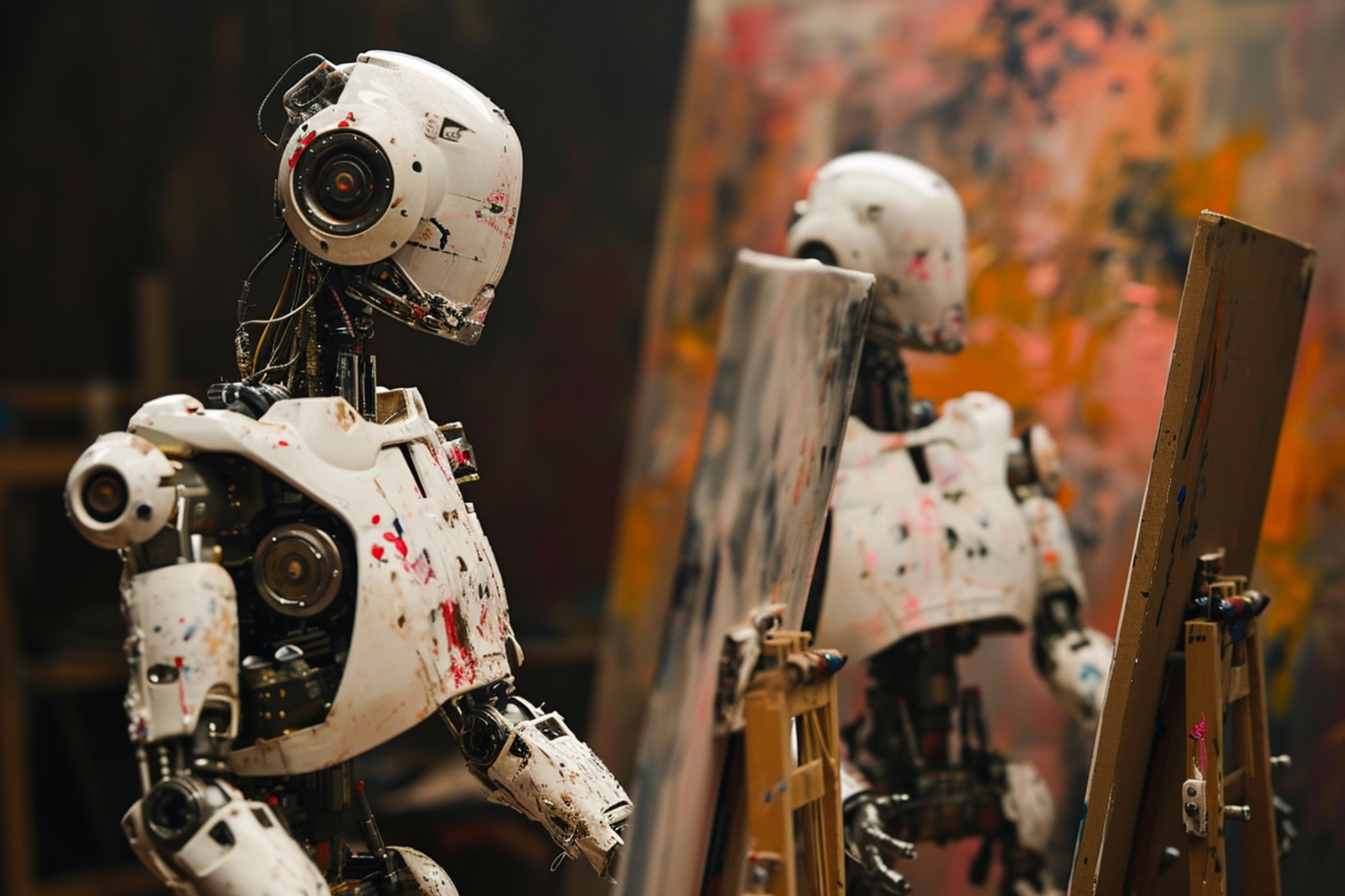 AI-generated image of two robot painters stand side-by-side in front of their easels. They look at one another.