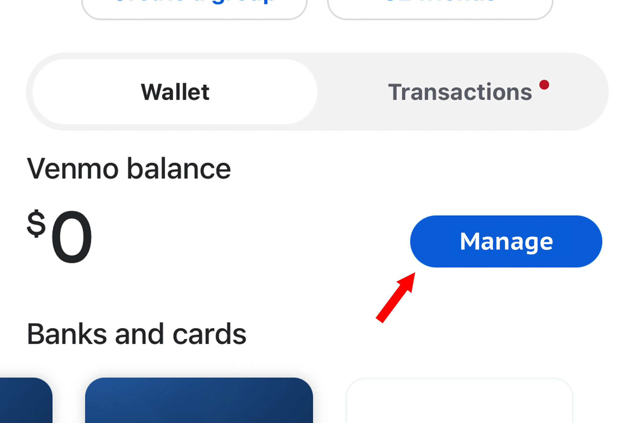 Selecting the 'Manage' button in Venmo's wallet section.