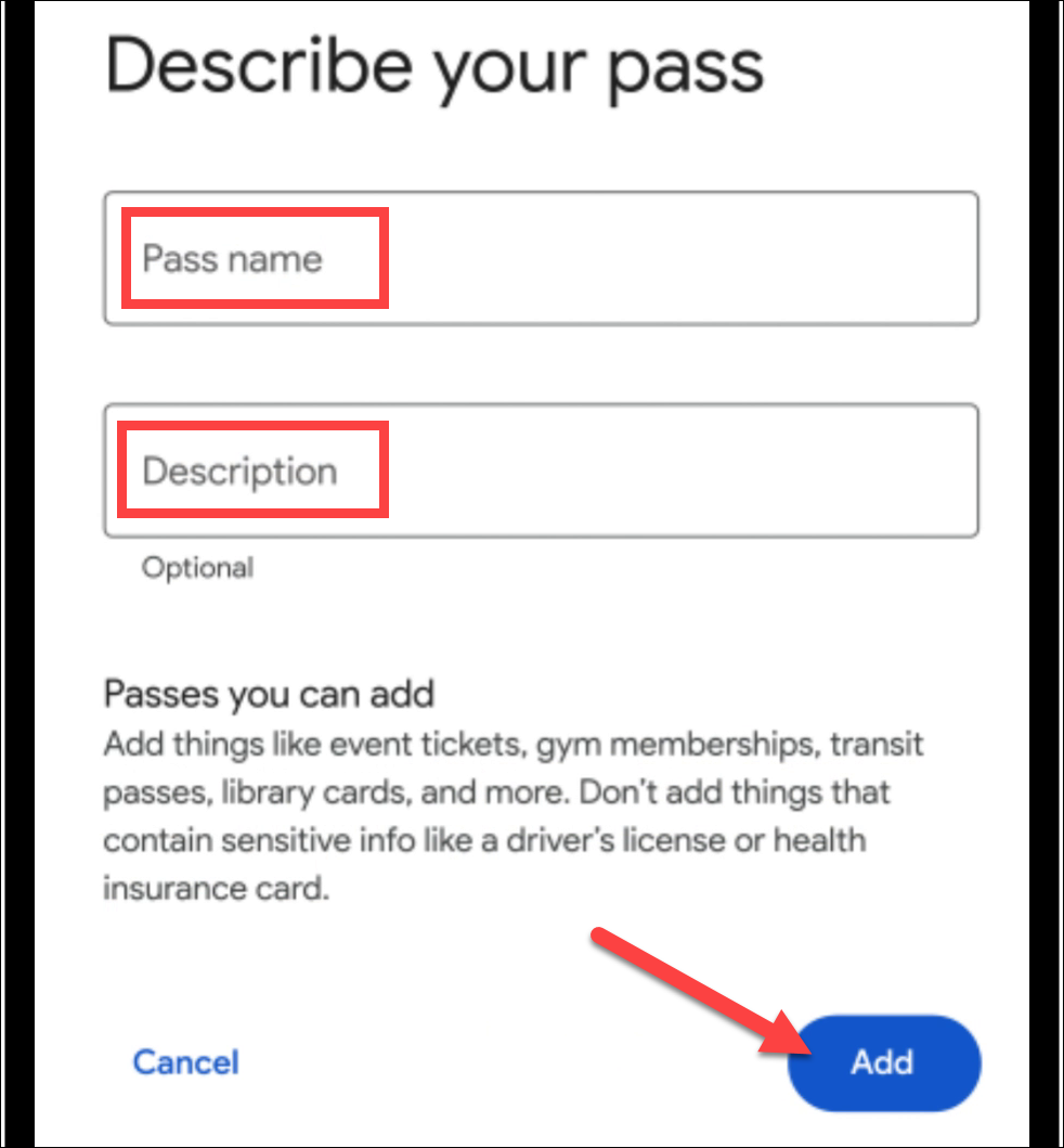 Naming a pass in Google Wallet.