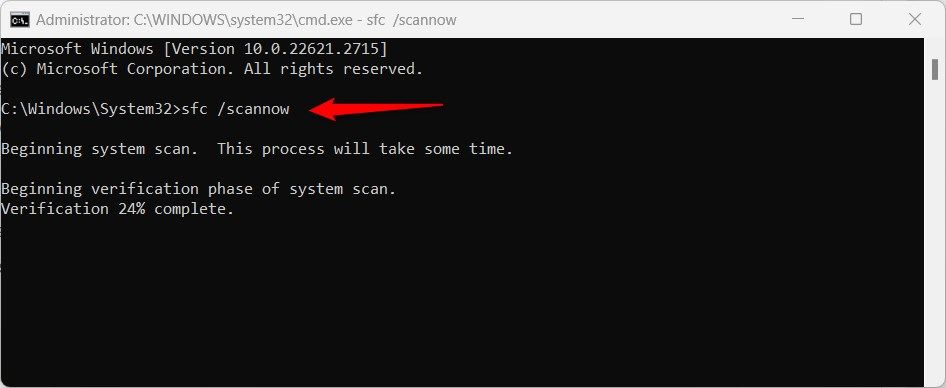 Windows 11 Command Prompt highlighting Disk Scan in progress.